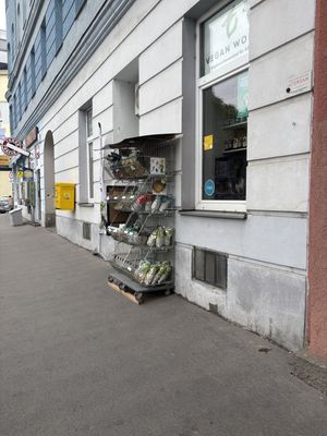 Small chips display in front of the store  at Vegan Wolf  in Vienna