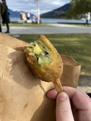 Deep fried kiwi fruit   at Erik's Fish & Chips in Queenstown