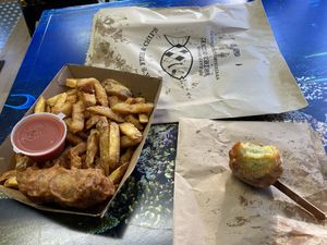 Hand cut chips, spring roll and fried kiwi fruit - all amazing   at Erik's Fish & Chips in Queenstown