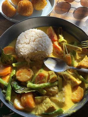 Coconut milk curry w/tofu (just ask them to replace the chicken)   at Kedai Mini Resto Rice Field in Pangandaran