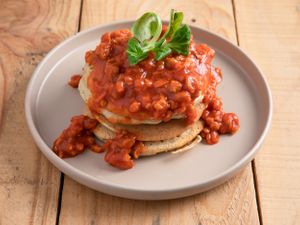 Pancakes with plantbased Bolognese, glutenfree option available at Natury in Barcelona