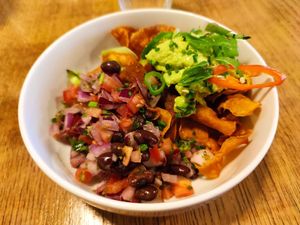 Sweet potato vegan "nachos" with guacamole and beans at Ubiquitous Restaurant in Buncrana