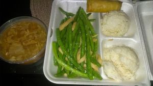 Combination platter to-go: Vegan egg roll, hot and sour soup, Vegan chicken and string bean, rice, and iced jasmine tea at Pepper Tree Veggie Cuisine in Houston