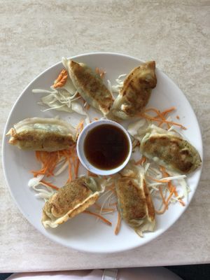 Potstickers with sauce, so good! at Pepper Tree Veggie Cuisine in Houston