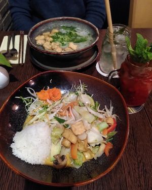 vegan pho and red curry with homemade lemonade at Thana Asia Restaurant in Luebeck
