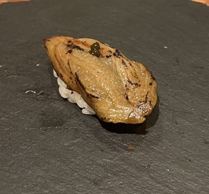Sushi with eggplantt  at veggie tempo & sushi in Tokyo