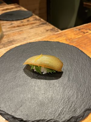 Onion and chrysanthemum leaf   at veggie tempo & sushi in Tokyo