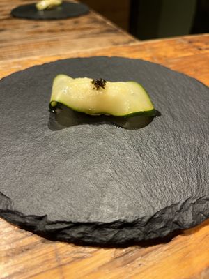 Cucumber with basil oil  at veggie tempo & sushi in Tokyo