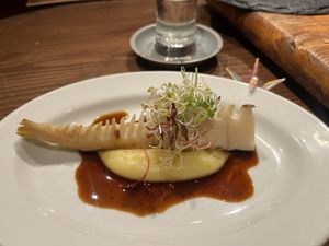 Salt-crusted bamboo shoot with potatoes and sauce   at veggie tempo & sushi in Tokyo