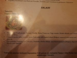 Speisekarte at Byblos in Mallorca