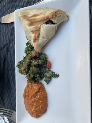 Spinach empanadas, muhammarah, tabbouleh   at Byblos in Mallorca