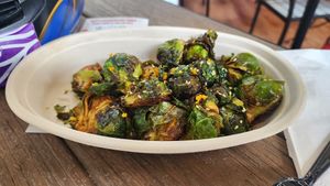 maple miso brussels. omg. so good. tangy citrus like flavor. yummy! at The Joint in Colorado Springs