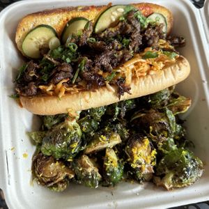 Mushroom bulgogi sandwich and maple miso brussels sprouts   at The Joint in Colorado Springs