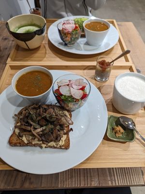 Mixed Mushroom Hummus Set with Amazake & Avocado Sauerkraut Set with Matcha latte. at The Kind  in Kyoto