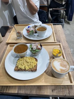 Vegan egg set, oat milk latte and mushroom hummus set   at The Kind  in Kyoto