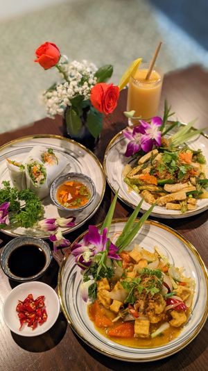Vegan Braised Tofu with Satay Sauce, Stir-Fried Gizzard with Five Colours, Ha Noi Fresh Rolls, Mango and Strawberry Juice at Madame Yen - Maybe closed in Hanoi
