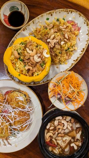 Vegan Pumpkin Fried Rice, Braised Tofu with Cashew Nuts, Eggplant and Coconut at Madam Tran Restaurant & Cooking Class in Hanoi