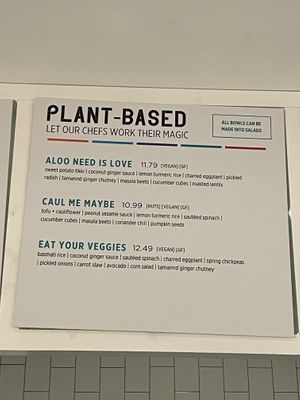 Vegan section of the menu  at RASA in Arlington