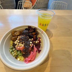 Aloo Need Is Love bowl & Turmeric Ginger Lemonade homemade juice  at RASA in Arlington