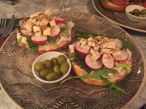 Vegan bagel with cream cheese, radishes and tofu.  at Bagel in Mallorca
