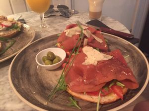 Vegan bagel with ham, cheese and tomatoes.  at Bagel in Mallorca