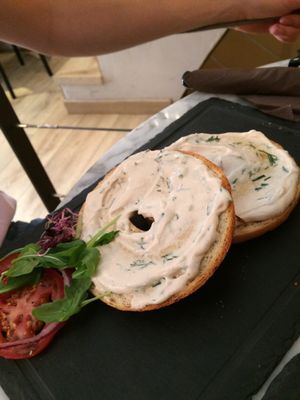 Bagel with vegan cream cheese and herbs, beautiful. at Bagel in Mallorca