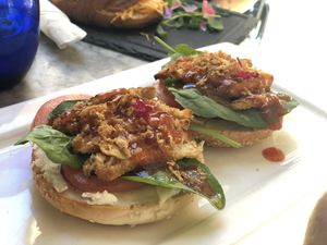 Bagel Schnitzel, crumbled schnitzel, with sweet chili sauce. So good! at Bagel in Mallorca