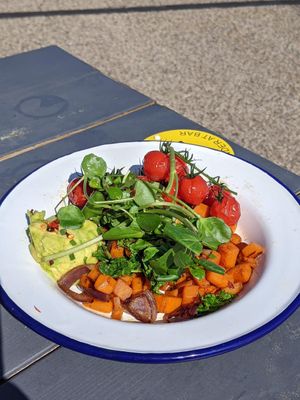 Hash with tomato instead of egg at Sailbox in Folkestone