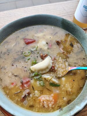 Soup of the day (this was with chantarelle and barley pearls) at Kemuri in Reykjavik