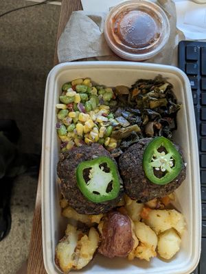 Edamame succotash, collards, fritters, and potatoes at Greene's Farmhouse Foods in Milledgeville