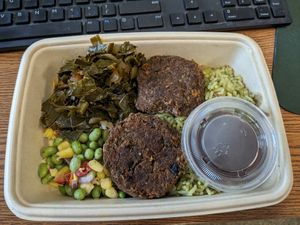 Edamame succotash, collards, fritters, and Greene rice at Greene's Farmhouse Foods in Milledgeville