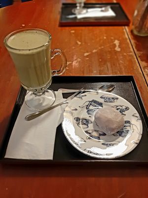 Matcha Latte (Soy Milk) and Strawberry Mochi at Iimori Ichiba in Frankfurt