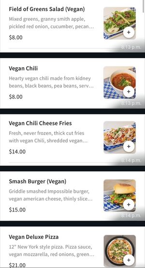 Vegan menu items at Left Field Brewery in Toronto