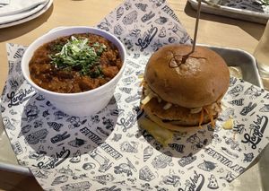 Vegan chili and vegan fried chicken sandwich  at Left Field Brewery in Toronto