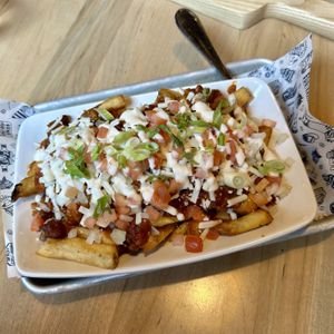 Vegan Chili Cheese Fries  at Left Field Brewery in Toronto