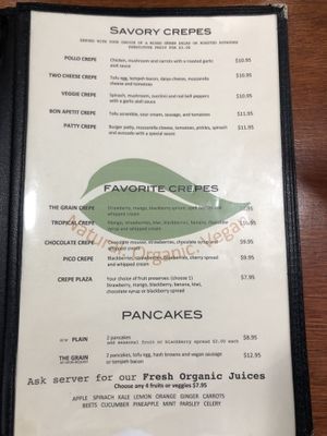 Breakfast menu at The Grain Cafe in Los Angeles
