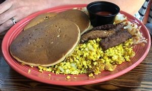 Pancakes, hash browns and scrambled tofu with tempeh bacon at The Grain Cafe in Los Angeles