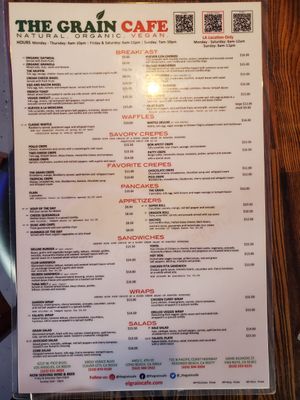 Menu at The Grain Cafe in Los Angeles