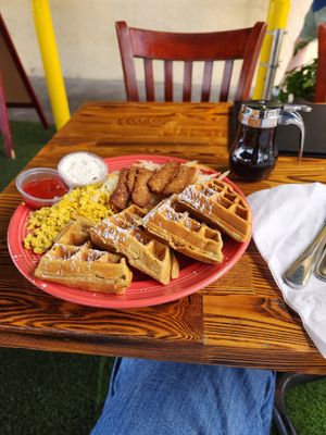 Waffles with tempeh bacon, hash browns, and tofu scramble. Yummy. at The Grain Cafe in Los Angeles