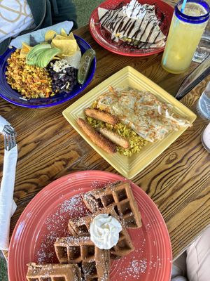 Waffle deluxe, huevos rancheros, chocolate crepe, lemonade and coco paradise   at The Grain Cafe in Los Angeles