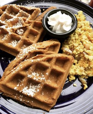 Waffles and scrambled tofu at The Grain Cafe in Los Angeles