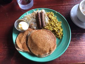 The grain: 2 pancakes, hasbrowns and vegan sausage at The Grain Cafe in Los Angeles