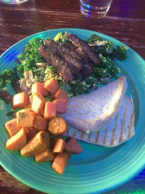 tofu scramble with kale, tempeh, mushrooms, zucchini, sweet potatoes and toast   at The Grain Cafe in Los Angeles