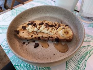 Peanut butter and banana toast at Jardim Natural Food in Sao Miguel