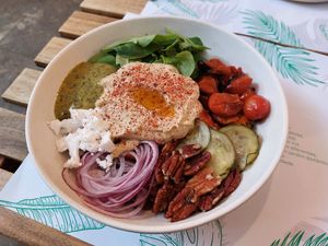 Hummus & quinoa salad at Jardim Natural Food in Sao Miguel