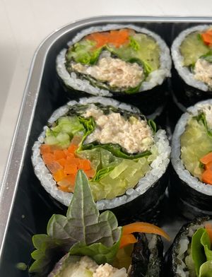 Look close. So fresh, bigger size than regular kimbap. You can enjoy vegan tuna taste with crunch fresh vegetables together. Harmonized!   at Otto Kimbab in Seoul