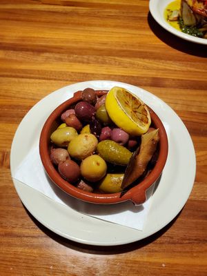 Spanish olives (roasted with laurel and lemon) at Anima Cucina in Bismarck