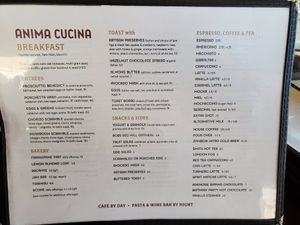 Breakfast menu at Anima Cucina in Bismarck