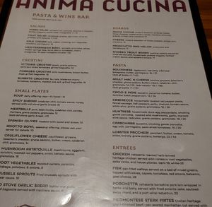 Dinner menu at Anima Cucina in Bismarck