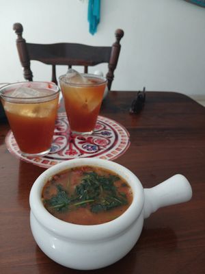 Bean soup and drink at Govindas in Santa Marta